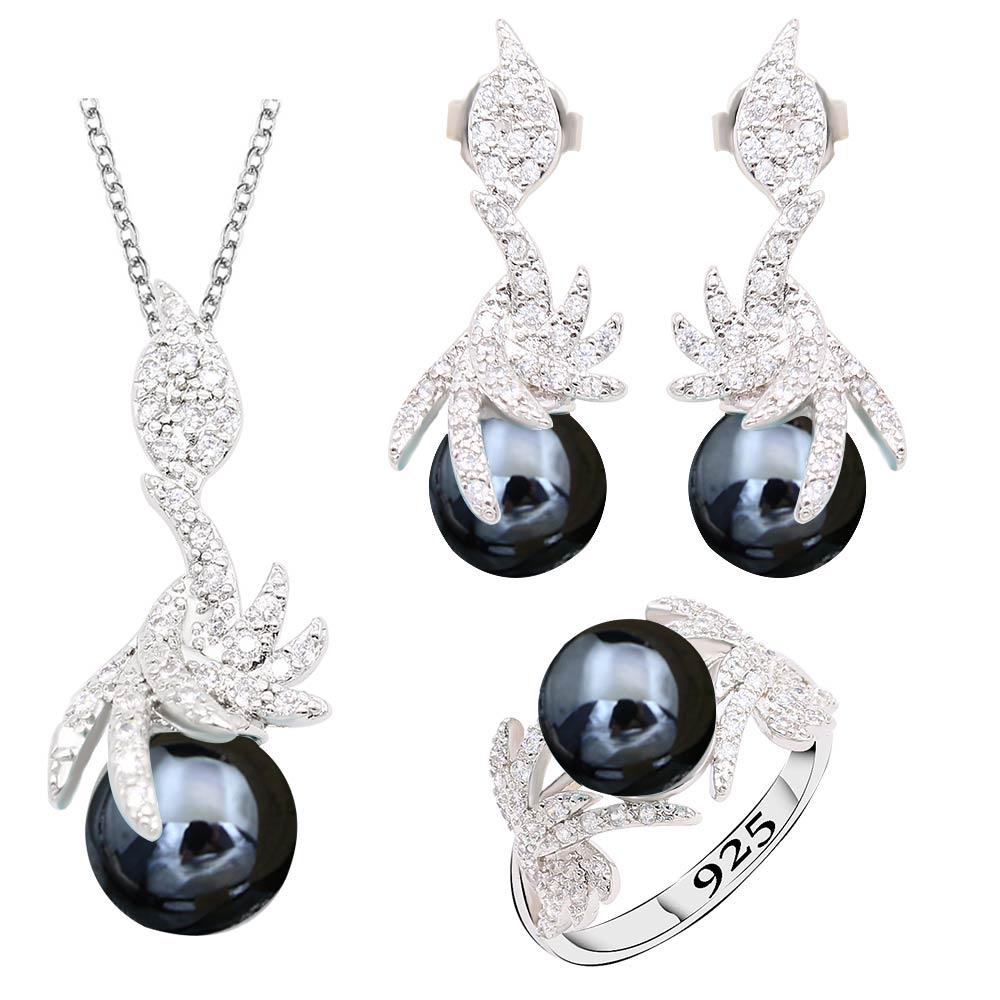 Zwarte Parel Zilveren Kleur Sieraden Sets Voor Vrouwen Oorbellen Ketting Hanger Ring