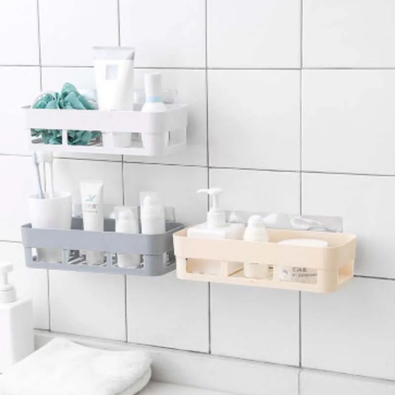 Bathroom Storage Rack Self Adhesive Shelf Kitchen Wall Corner Organizer Seasoning Bottles Holder Home Organization Accessories