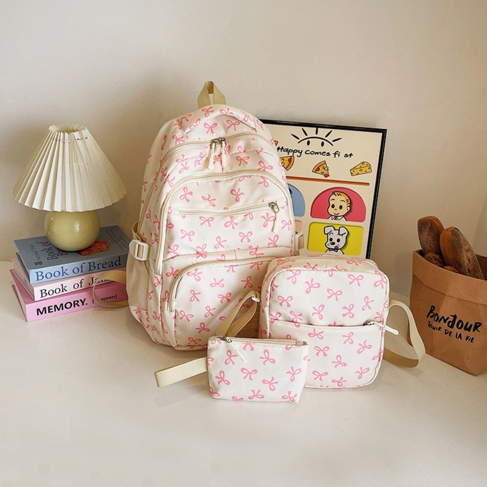 3 stuks/set rugzakken met grote capaciteit, strikprint, nylon schooltas, verstelbare schouderbanden, studentenrugzak: Blauw