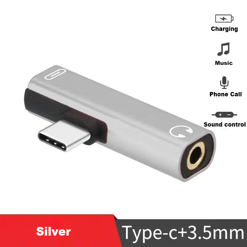 Dubbele functie TYPE-C NAAR 3,5 mm audio- en oplaadadapter, hoofdtelefoonaansluiting converter Aux-adapter hoofdtelefoonconverterkabel: Grey