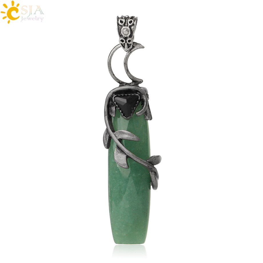 CSJA Antique Silver Color Pendant Necklaces Natural Crystal Stones Leaves Winding Faceted Rectangle Long Pendants Women Men G587: Green Aventurine