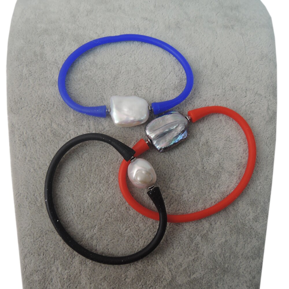 100% freshwater pearl bracelet with big AAA baroque shape,black pearl bracelet SILICON BRACELET
