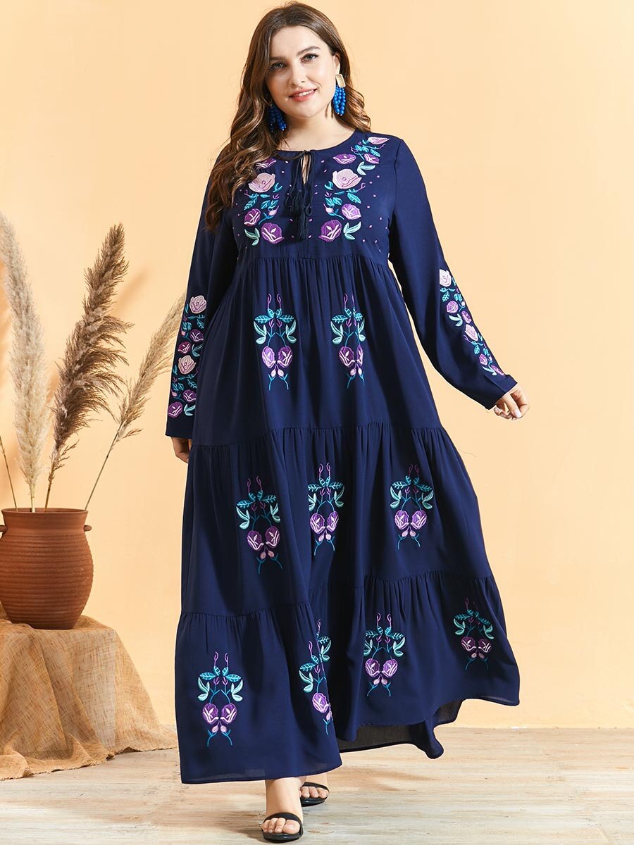 Herfst Winter Jurk Plus Size Vrouwen Lange Mouwen Borduren Bloemen Elegante Jurk Losse Oversized Maxi Lange Moslim Jurk: Marineblauw / M