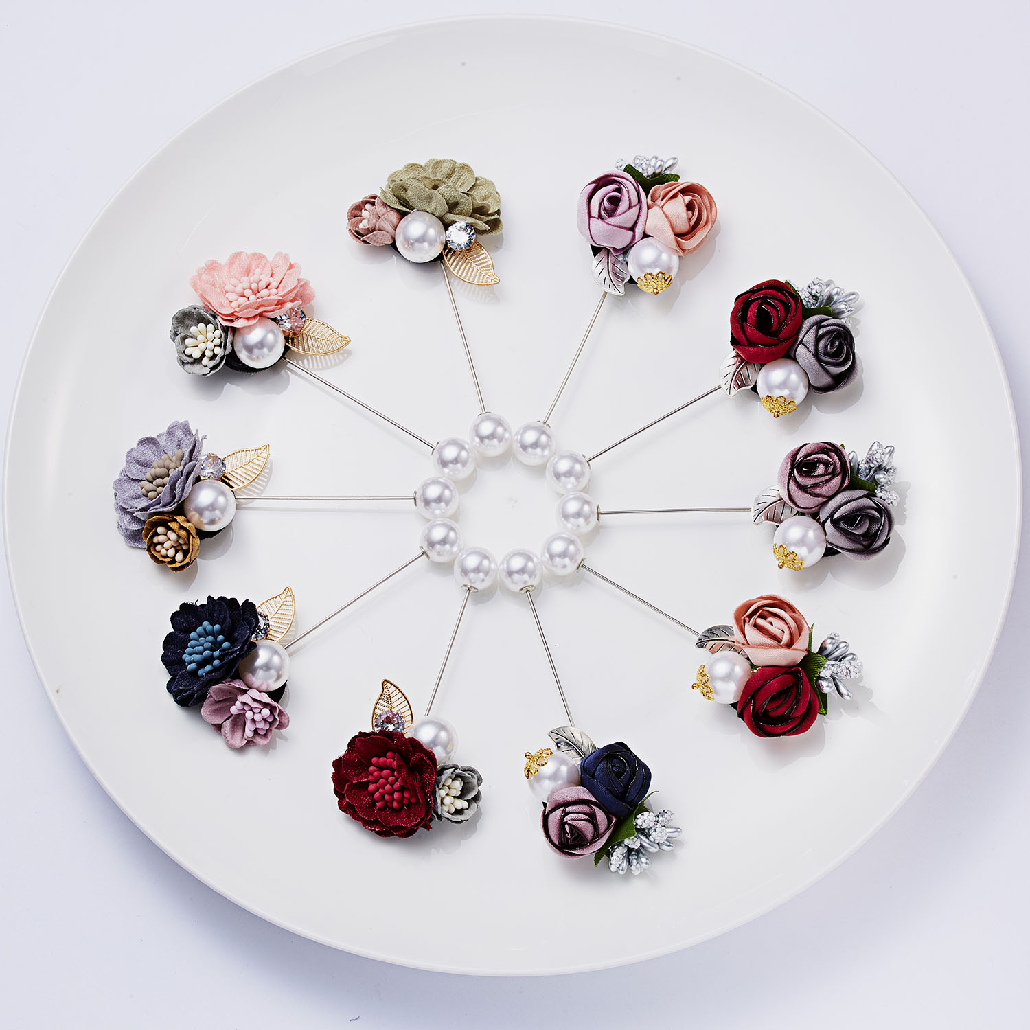 Rinhoo Dames Doek Art Stof Imitatie Parel Bloem Broche Vrouwen Lange Naald Vest Shirt Shawl Pak Badge Revers Pin Sieraden