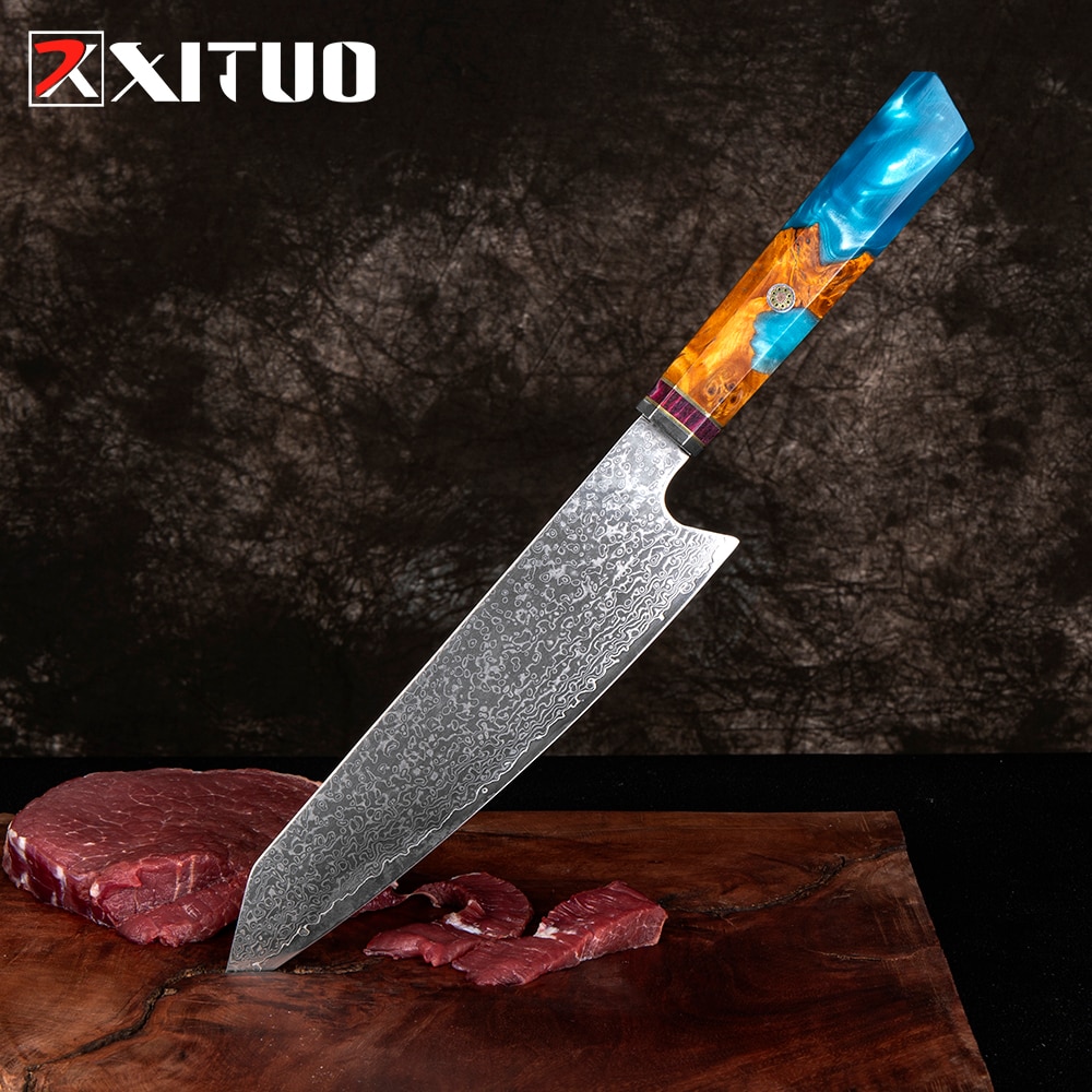 XITUO Damascus Kitchen Knife Japan VG10 Steel Kiritsuke Chef Knife Octagonal Blue Resin Handle Cleaver