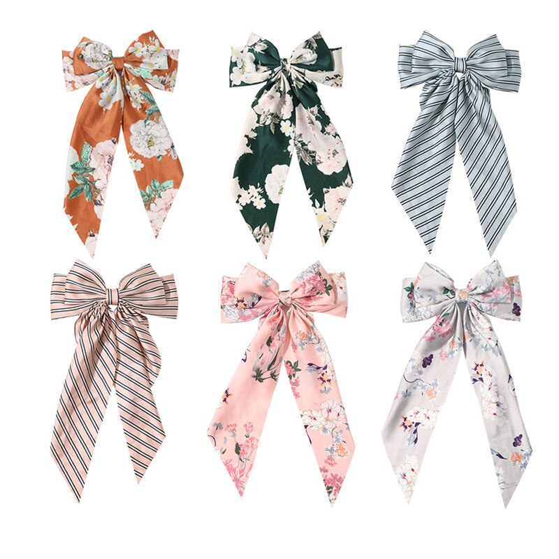 Gestreepte Bloemenprint Strik Haar Clips Lint Haarspeld Twee-Lagen Oversized Bows Haar Clip Haarspeldjes Meisjes Haar Accessoires