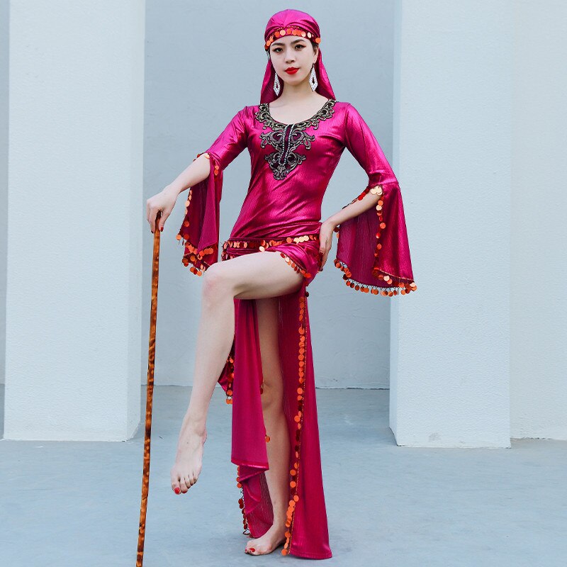 Egyptian Belly Dance Costume Sequin Saidi Dress Baladi Galabeya Fallahi Abaya Stage Performance Show Wear 4 Piece Set: Purple Red