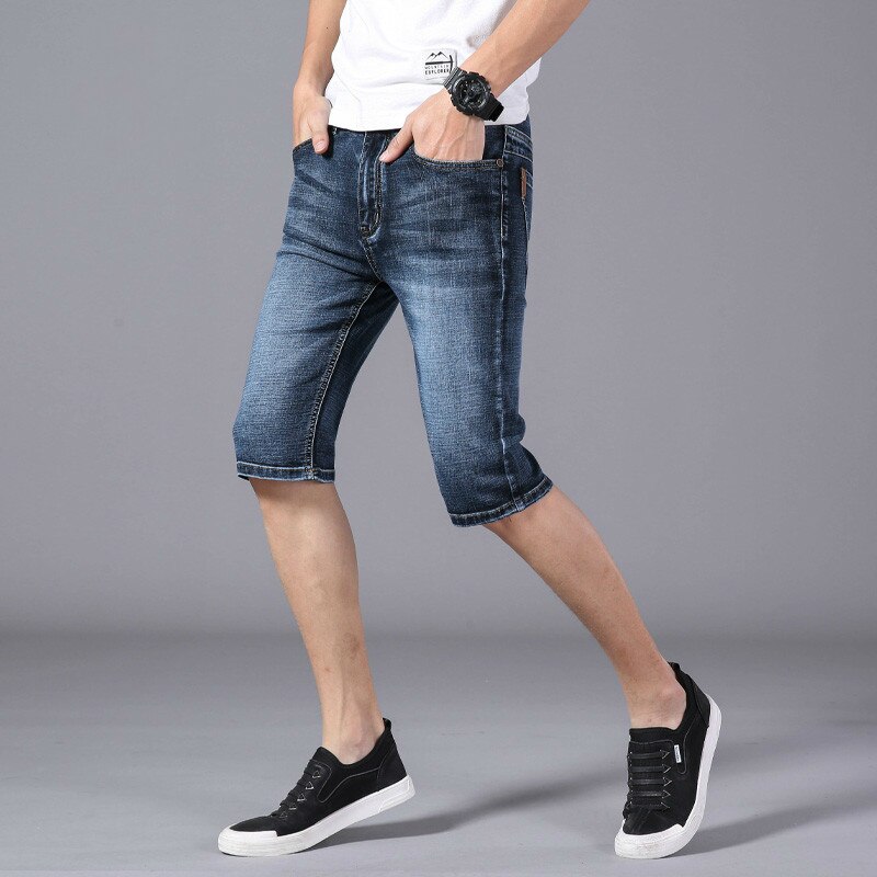 Jeansshorts för män 2022 #39 stretch tunn cowboy cowboy manliga knäbyxor blå casual jeans shorts herr
