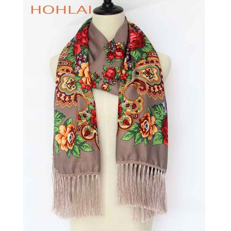 Foulard Long Femme à Franges - Imprimé Floral - Mélange Coton - Plus de 175cm: Chameau