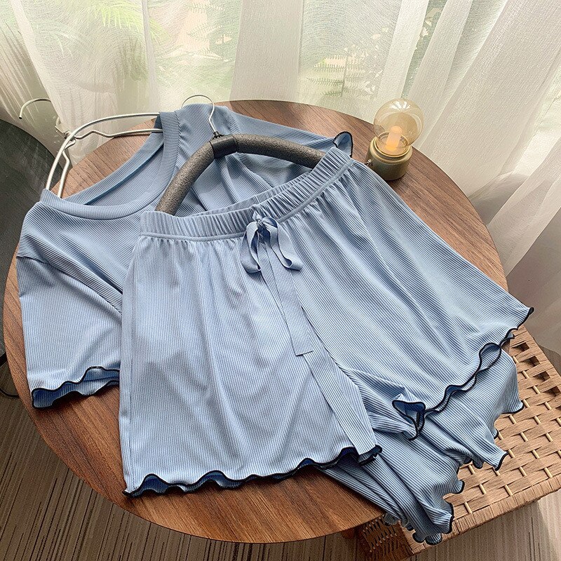 Summer Pajamas with Shorts Women Home Suit Female Pajamas Set Atoff Home Costumes Summer Women's Home Clothes Homewear: Sky Blue