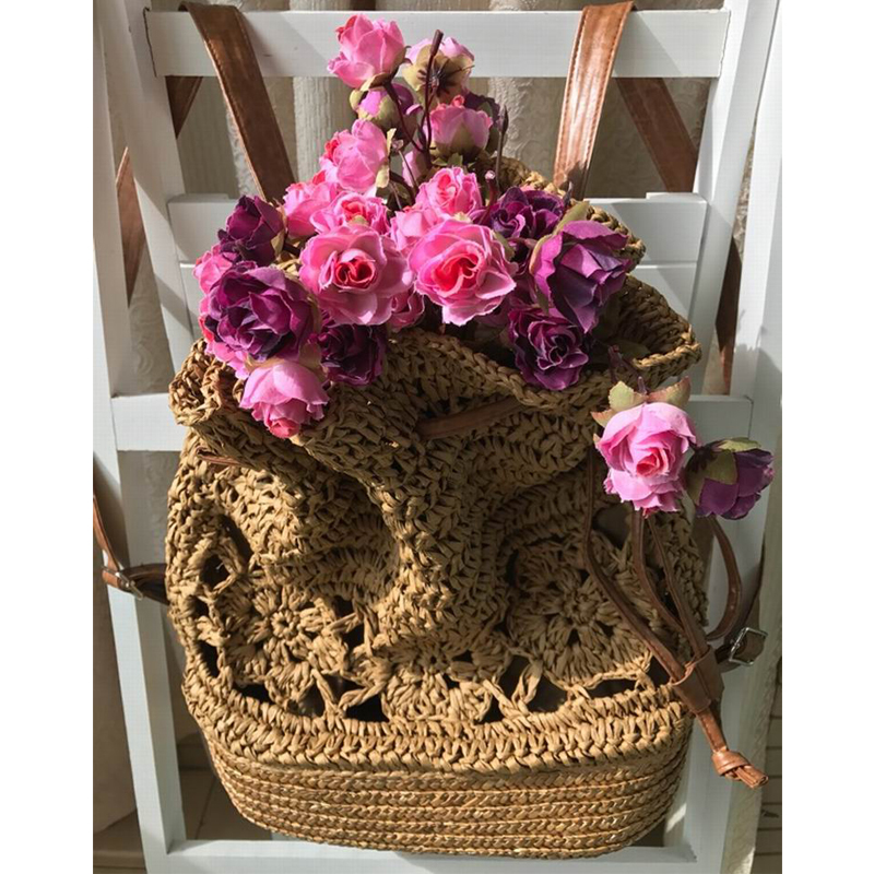 Bolso de paja de ganchillo para mujer, mochila de punto de vides para playa, bolsas con cordón, mochila de viaje, Bohemia