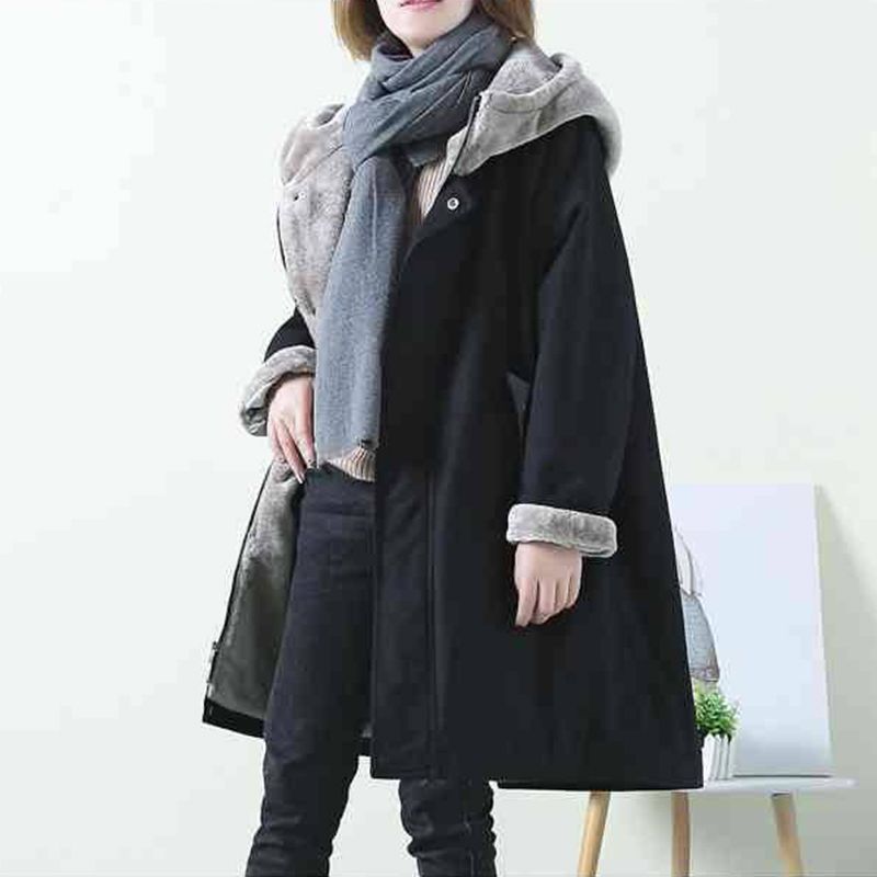 Plus Size Winter Thickened Cotton-padded Coat Outdoor Hiking Sport Travel Women Mid-length Fleece Hooded Parker Windbreaker