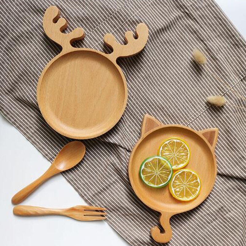 Plateau Dessert japonais dessin animé | Assiettes de cuisine en bois d'animaux, plateau de chat cerf petit déjeuner pour enfants