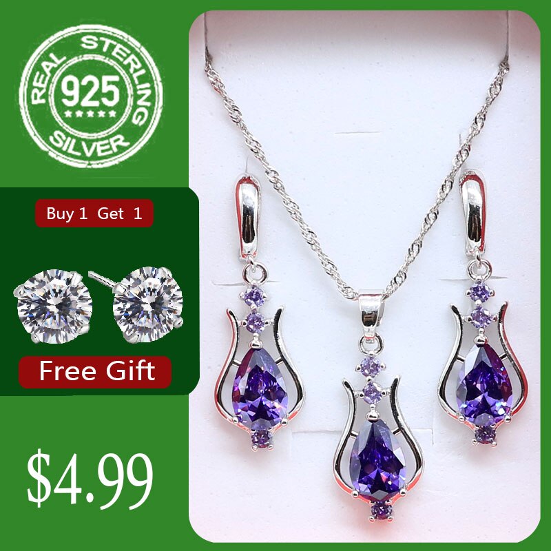 925 Sterling Silver Jewelry Green Emerald Necklace dangle Earrings For Women Costume Jewelry Sets Free: Purple / 9