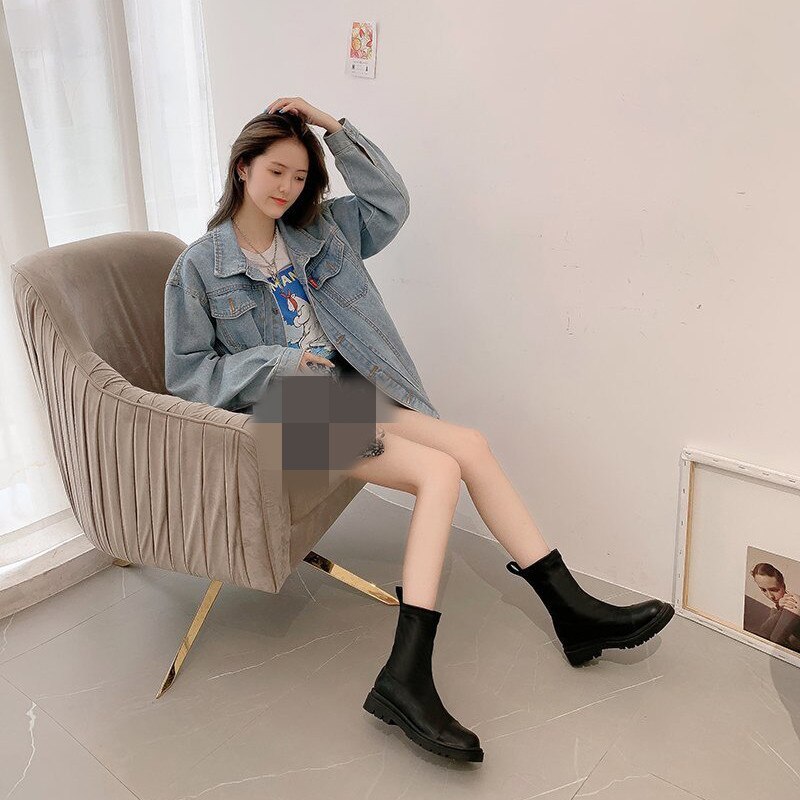 Botas de tacón bajo con punta redonda para mujer, botines a la , para otoño,