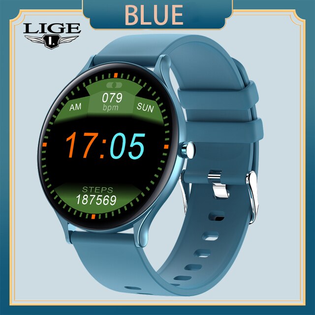 LIGE Full Circle Touch Screen Luxury Smart Watch Women Smart Wristband Fitness Bracelet Men Heart Rate Waterproof Smartwatch: Blue