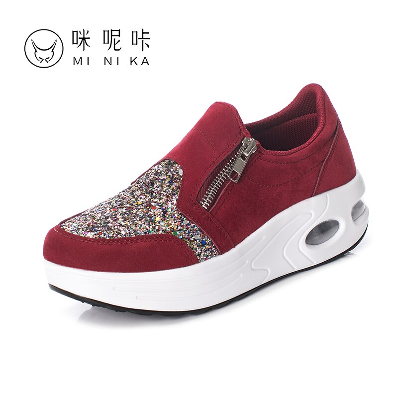 Women Flat Platform Toning Shoes Slip on Ladies Walking Sneakers Outdoor Women Wedges Shoes Height Increased Trainers Fitness: Wine / 39