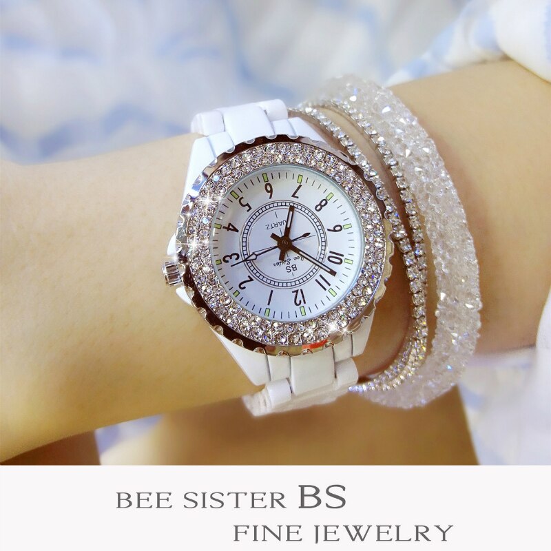 BS Luxury Ceramic Women Watch Crystal White Ladies Quartz Wristwatches Women Watches Ladies Wrist watches Female Clock