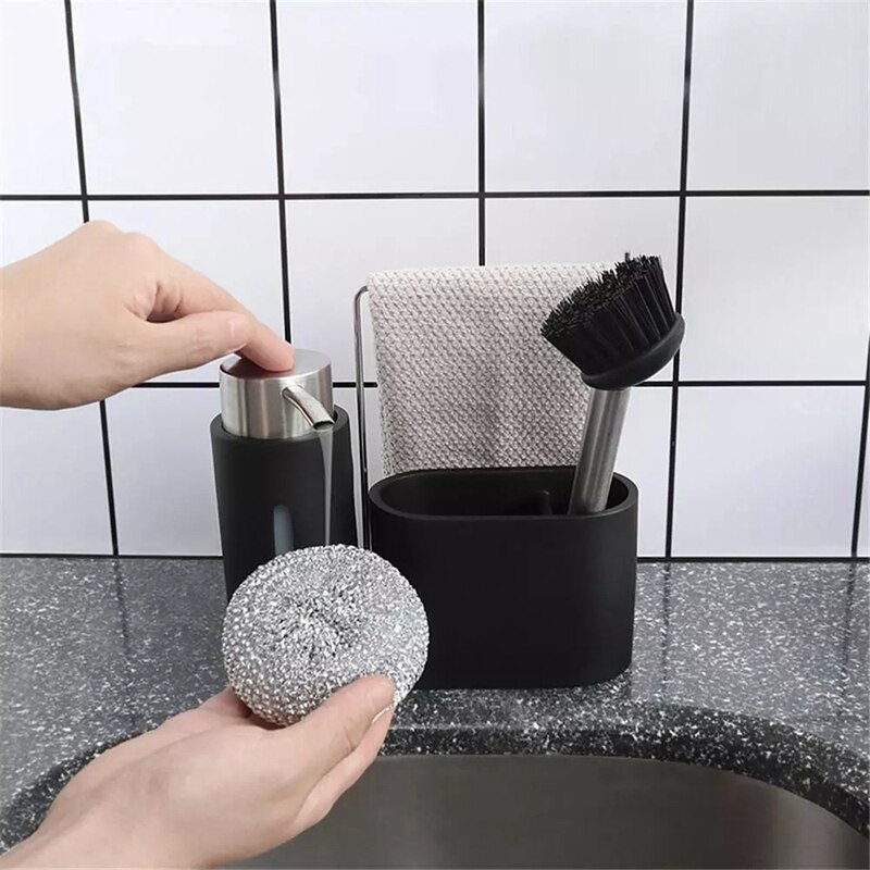 Sink Caddy Cleaning Kit Kitchen Caddy with Soap Dispenser Steel Ball and Brush Black Clean Group for Kitchen Organizing