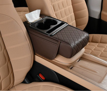 Universal Car Armrest Box Heightener Pad - Multifunctional Extended Auto Center Console Cushion with Built-in Tissue Box for Enh: Chocolate