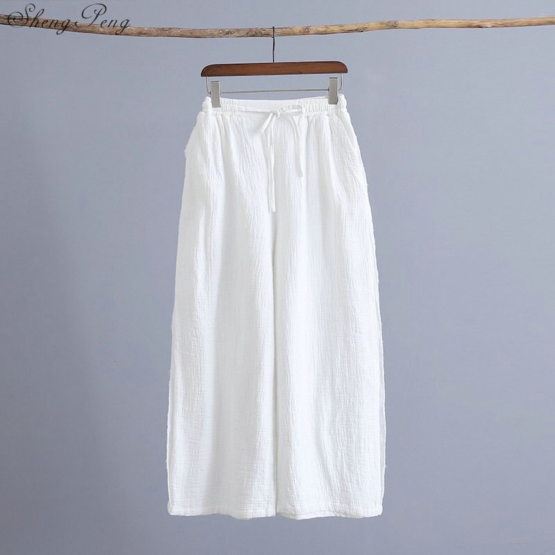 Pantalones de pierna ancha de mujer cintura elástica otoño pantalón de lino Mujer Pantalones sueltos Casual Vintage V1569: 2