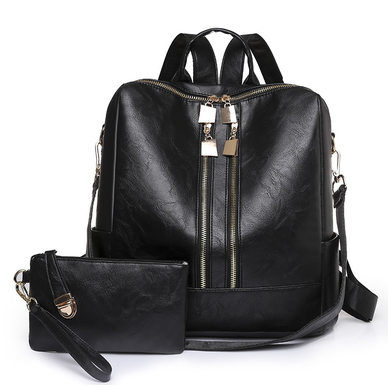 DIDA BEAR-Mochila de cuero para mujer, morral escolar grande, de viaje, Color caramelo con monedero: Negro
