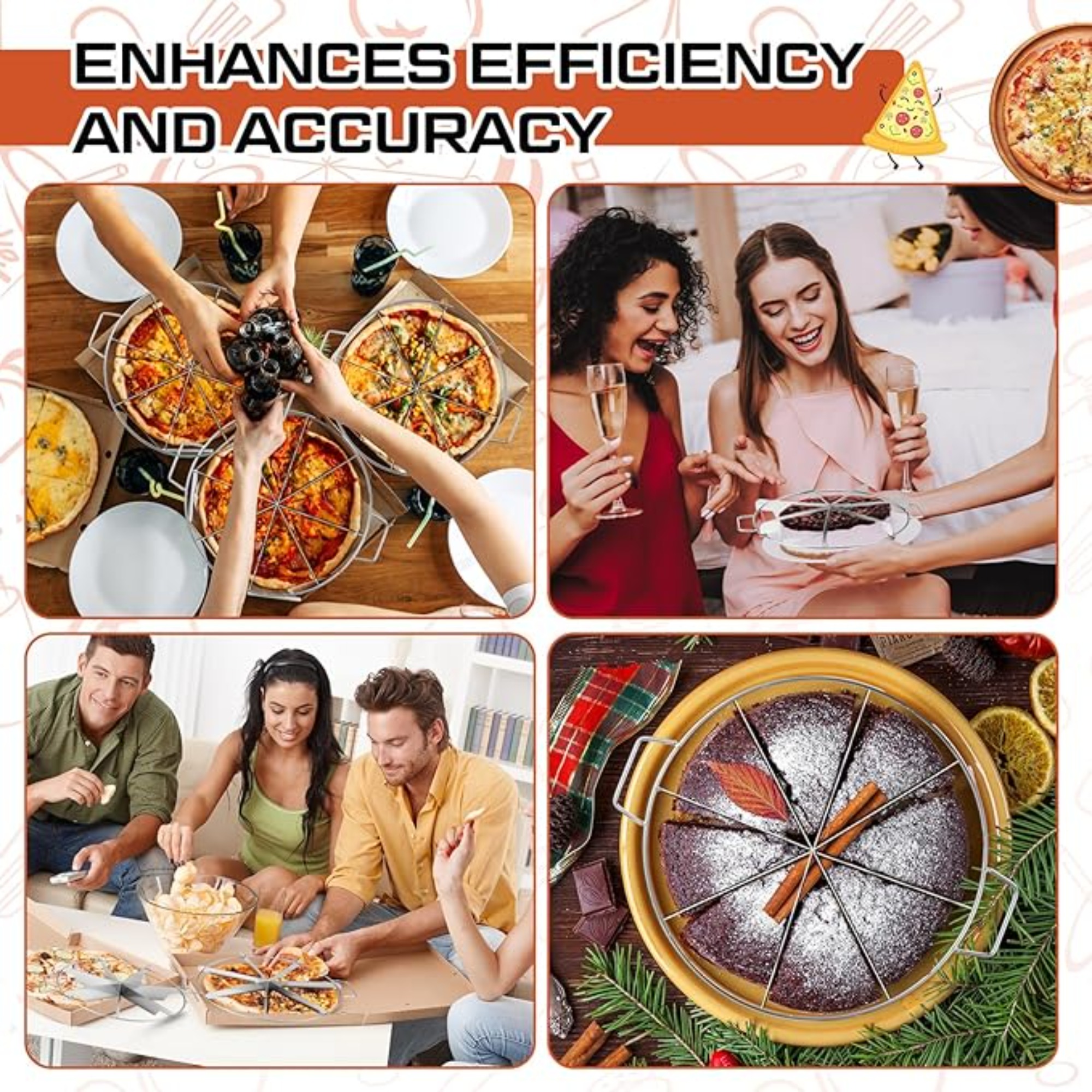 Kakeskjærer i rustfritt stål, pizzaskjærer, paiskutter, 6/7/8- skåret, like deler, kakedeler med håndtak, pizzaskjærer til bakverk og ost