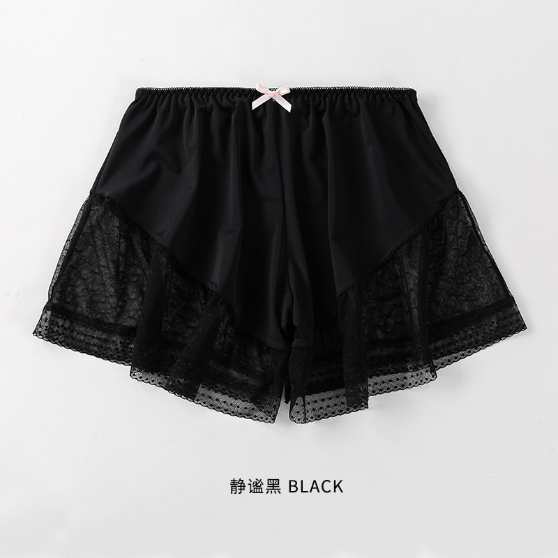 Lace Mesh Safety Short Pants Women Seamless Boyshorts Girls Under Skirt Shorts Pantie Female Home Comfortable Basic Pajama Pants: Black