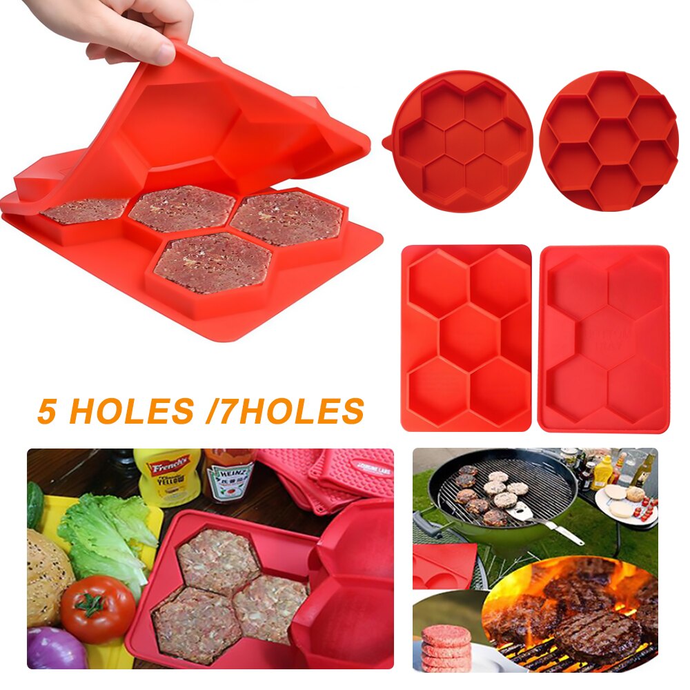 Silicone Hamburger Meat Mold Press Round Shape Meat Beef Grill Burger Press Patty Maker Mold 5 Square holes
