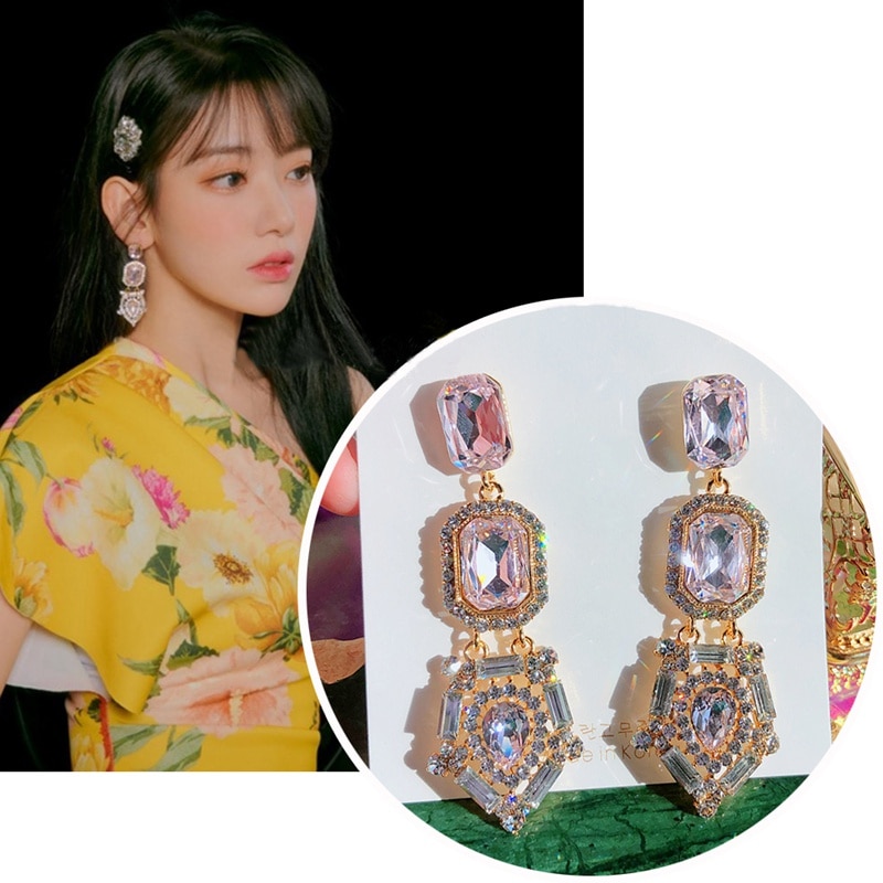 Mengjiqiao Koreaanse Tv Ster Vierkante Roze Crystal Waterdrop Dangle Oorbellen Voor Vrouwen Studenten Elegante Oorbellen Sieraden