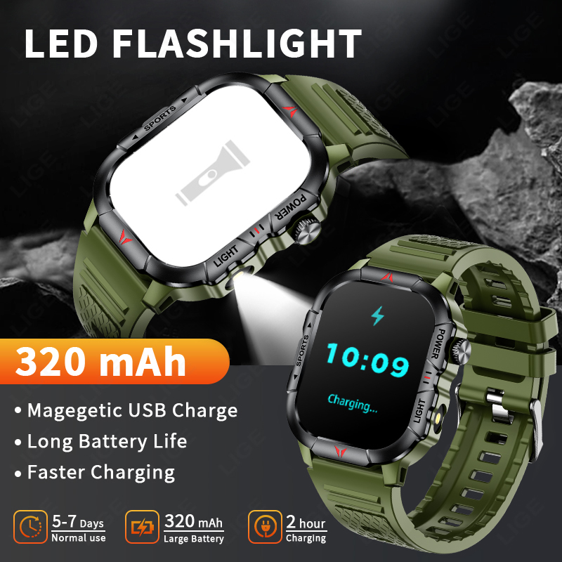 LIGE inteligentny zegarek latarka doprowadziło męskie zegarki wodoodporne 2.01-calowy ekran HD bransoletka zdrowotna wojskowy Smartwatch sportowy na świeżym powietrzu mężczyzna