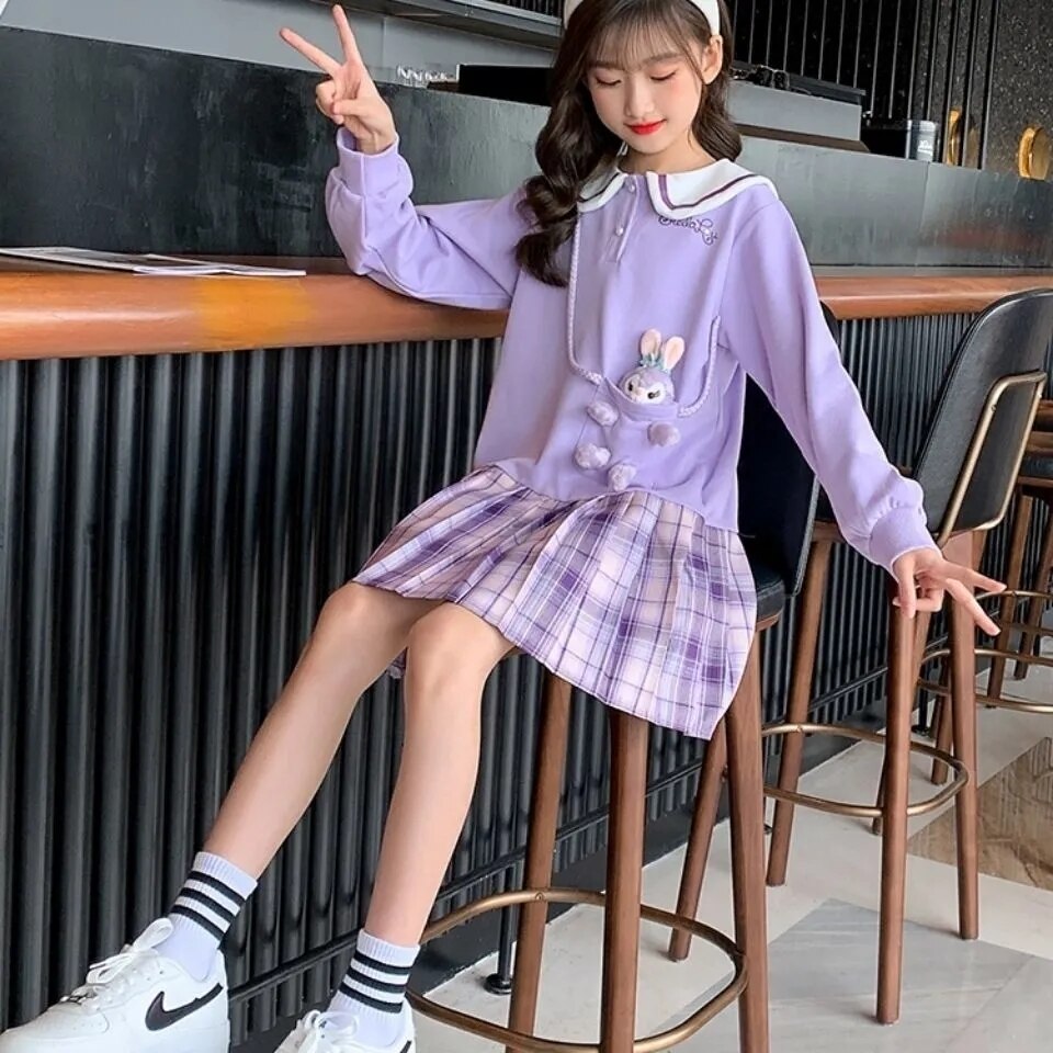 Teenage Girls Dress Autumn Girl Long-sleeved Plaid Dress Children's Lapel Sweater Dress