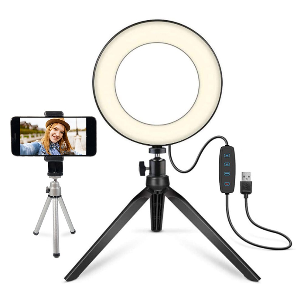 Video Makeup 6 inch LED Ring Light with Tripod + Phone Holder 3 Light Modes: Default Title