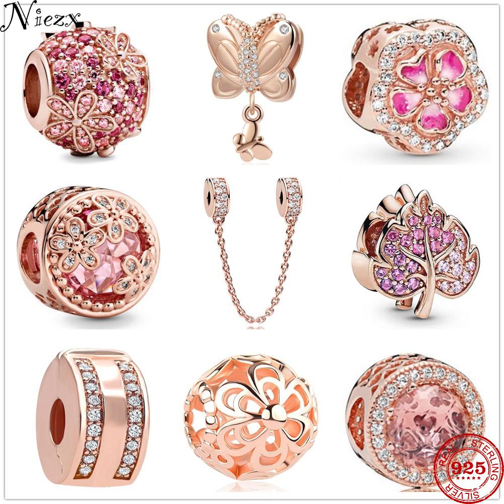 Newst-Cuentas de Plata de Ley 925 para pulsera, abalorios de margaritas rosas, de oro rosa, compatibles con Charms de sartén de 3mm originales, joyería de pulsera de plata 925