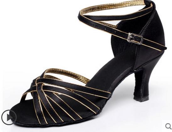 Vrouwen Latin Dans Schoenen Hoge Hakken Koeienhuid zachte bodem Black satin Sport schoen Latin Indoor Goedkope Meisje Beoefenen Grote Korting: gold BLACK heel5.5cm