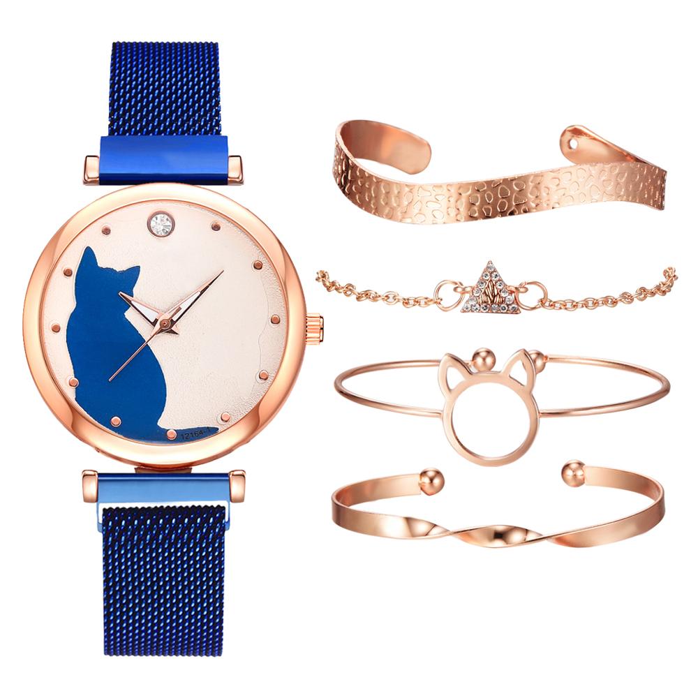 5 st/set dam klockor roséguld armband set kattmönster svart magnet klocka dam armband armbandsur lyx kvarts klocka: 5 st blå uppsättning