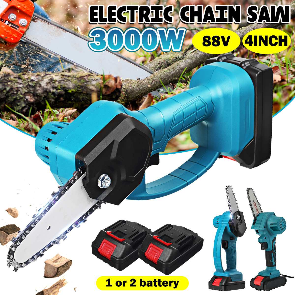 88V 3000W 4 Inch Mini Elektrische Kettingzaag Kettingzaag Met 1/2 Batterijen Houtbewerking Snoeien Een-Handed Tuin power Tools