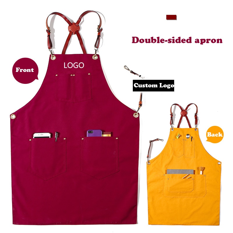 Dobbeltsidet lærred læder hængende hals unisex maleri frisør opbevaring forklæde barista frisør kok gartner tjener overalls