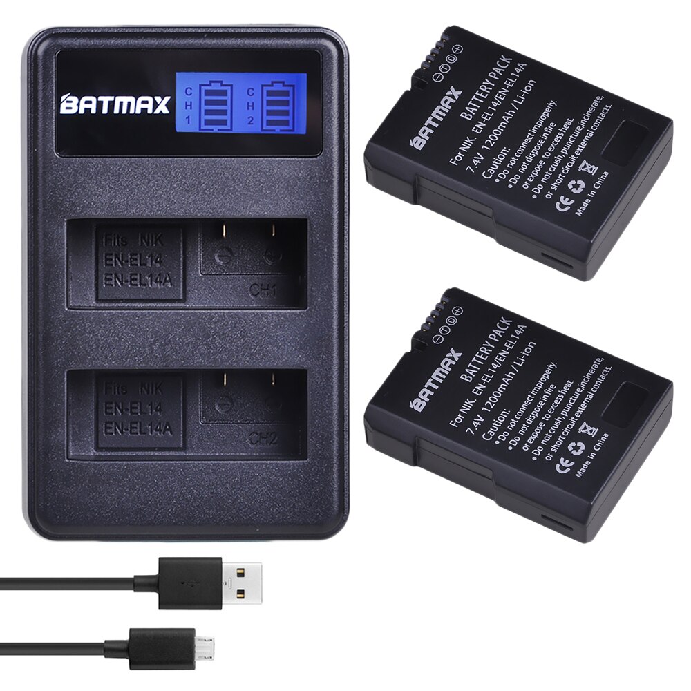 2 batteries ENEL14 EN EL14 a + LCD, double chargeur USB pour Nikon D3100 D3200 D3300 D5100 D5200 D5300 P7000: 2 Battery 1 Charger