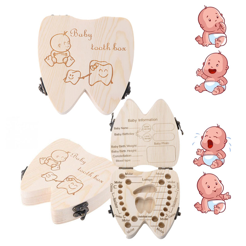 Baby Souvenirs Zahn Kasten Griechischen/Spanisch/Englisch/Russisch/Französisch/Italienisch Holz Milch Zähne Organizer Lagerung Kasten für Jungen Mädchen