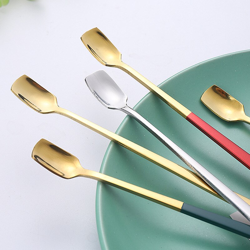 Cucharas cuadradas de acero inoxidable para agitar café, Mini cuchara de postre y helado, vajilla de cocina, mango largo, , 1 ud.