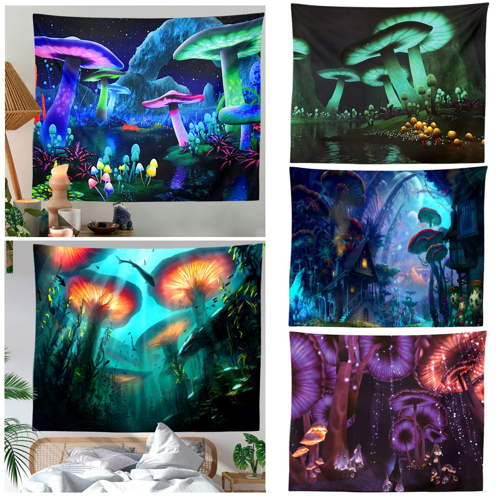 Psychedelic Mushroom Tapestry Fantasy Plant Wall Tapestry Galaxy Space Tapestry Starry Night Sky Tapestry Wall Hanging for Room