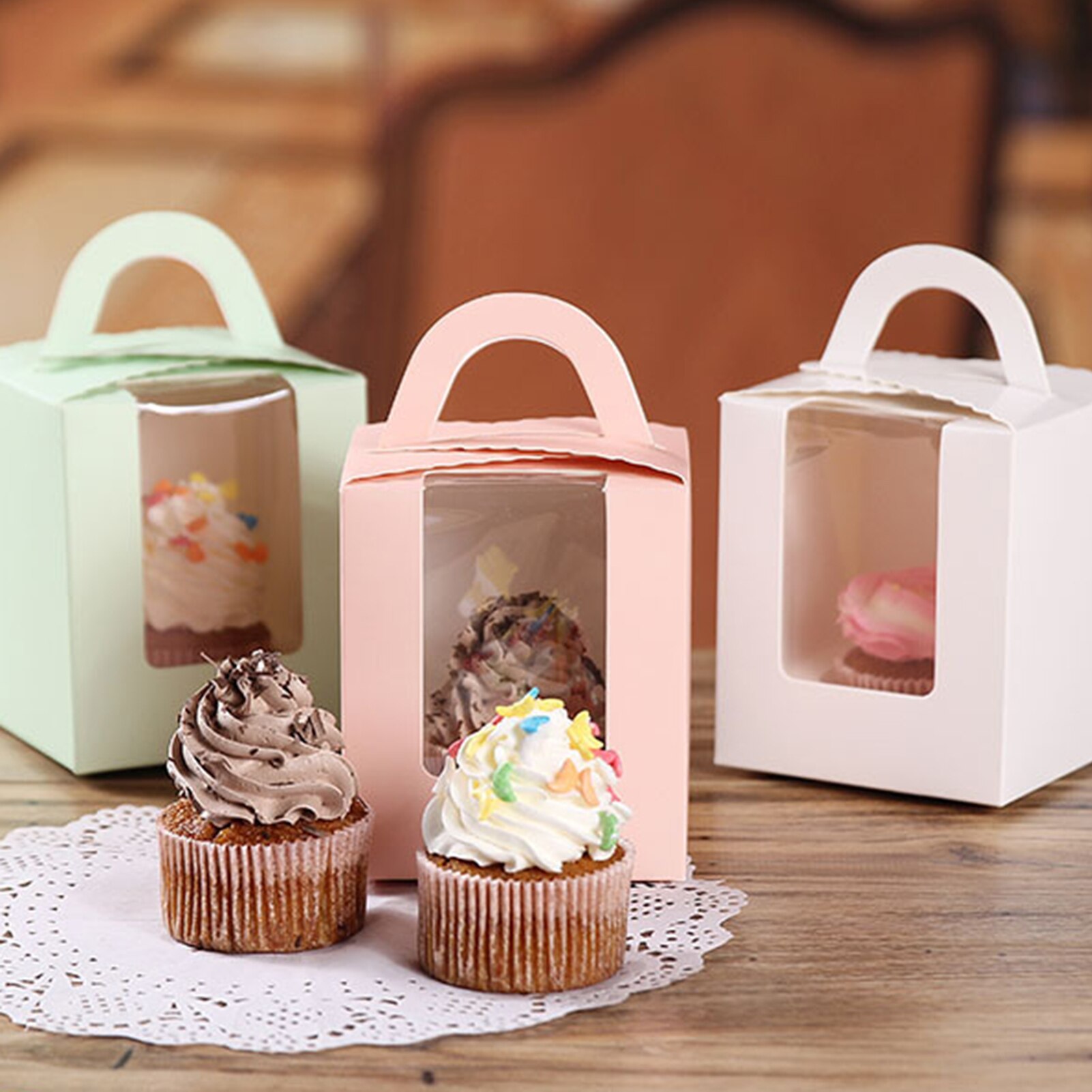50 kpl cupcake laatikko ikkunalla ja kahvalla kakku kantaja pieni kakku säiliö leipomo hääjuhla syntymäpäivä tarjonta ye