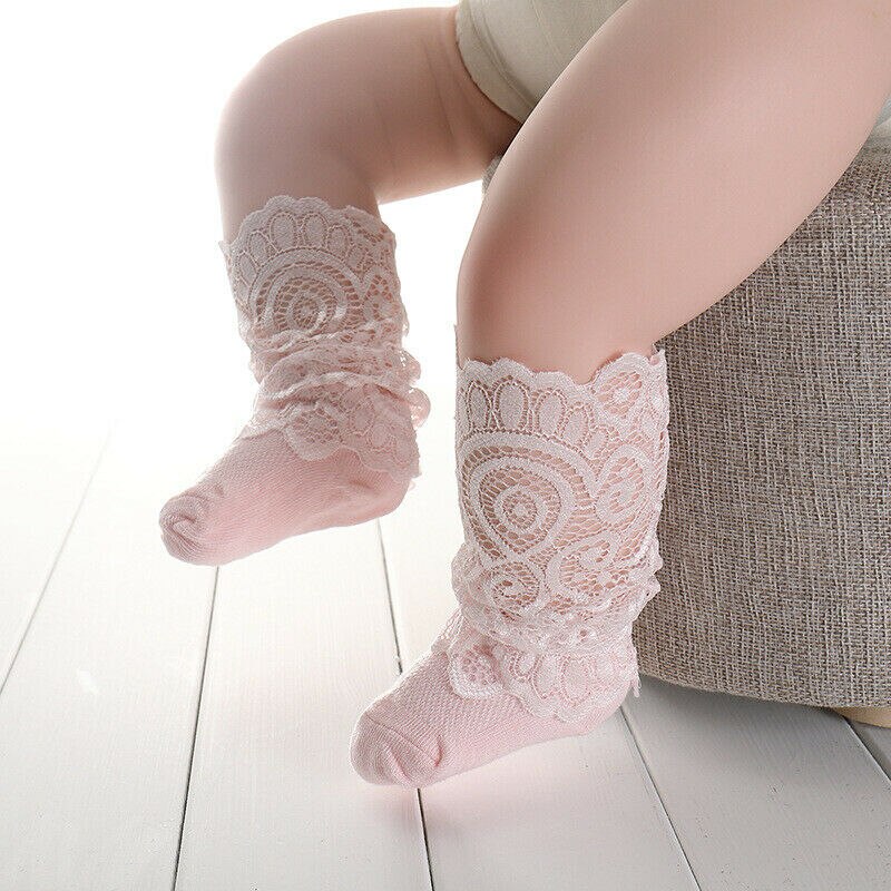 freundlicher Kleinkind freundlicher Baby Mädchen Strumpf Nette Spitze Einfarbig Patchwork Knie Hohe Krause Socken 0-3Y Neueste modisch