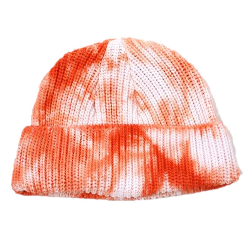 Unisex Autumn Winter Tie-Dye Ribbed Knitted Hat Soft Cuffed Short Melon Cap Men Women Sailor Style Beanie Hat: Orange