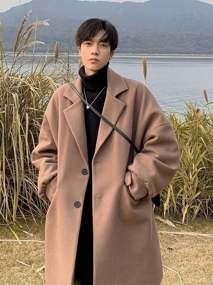 IEFB – manteau en laine de chameau noir pour homme, pardessus en Tweed à boutonnage simple, ample, mi-long, col de costume, vêtements épais, automne hiver