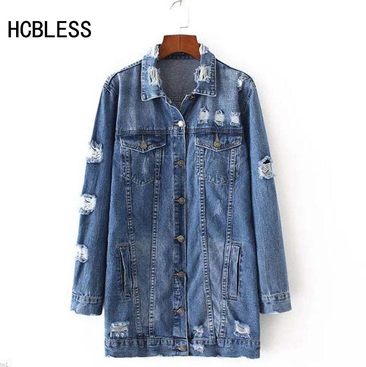 HCBLESS – veste en Jean Vintage à manches longues pour femme, ample, Style petit ami, avec trous, collection printemps-automne