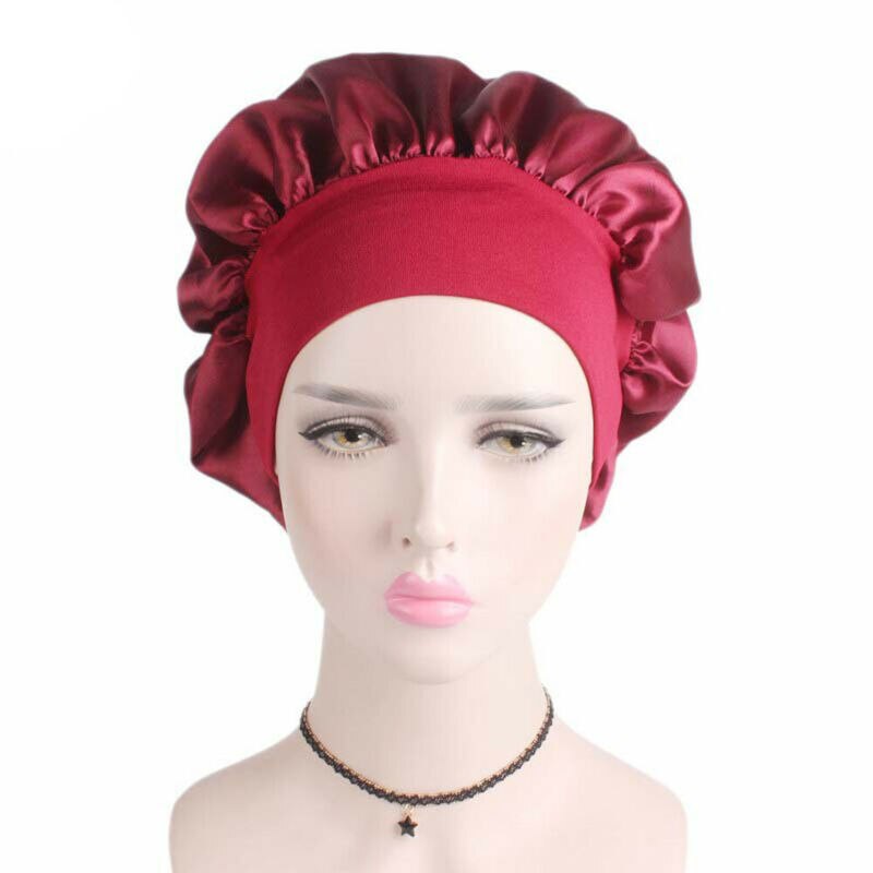 Solid Silk Satin Night Sleep Cap Hair Bonnet Hat Head Cover Wide Band Adjust Elastic