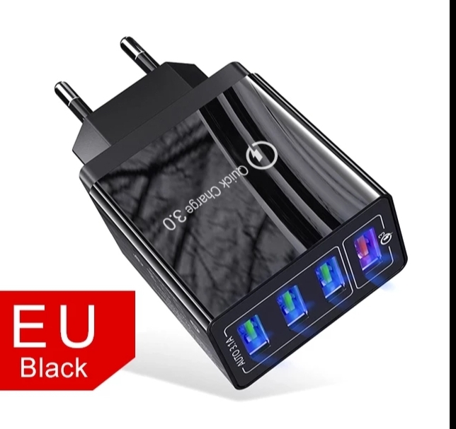 48 W Mobiele Telefoon Oplader Qualcom 3.0 + 3x3.1 EEN Uitgang + 1m Micro USB C Snelle kabel. Ultra Snellader. Iphone Samsung: Black EU USB Cable