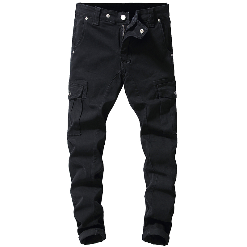 Sokotoo nero degli uomini tasche carico denim jeans sottile pantaloni in denim elasticizzato